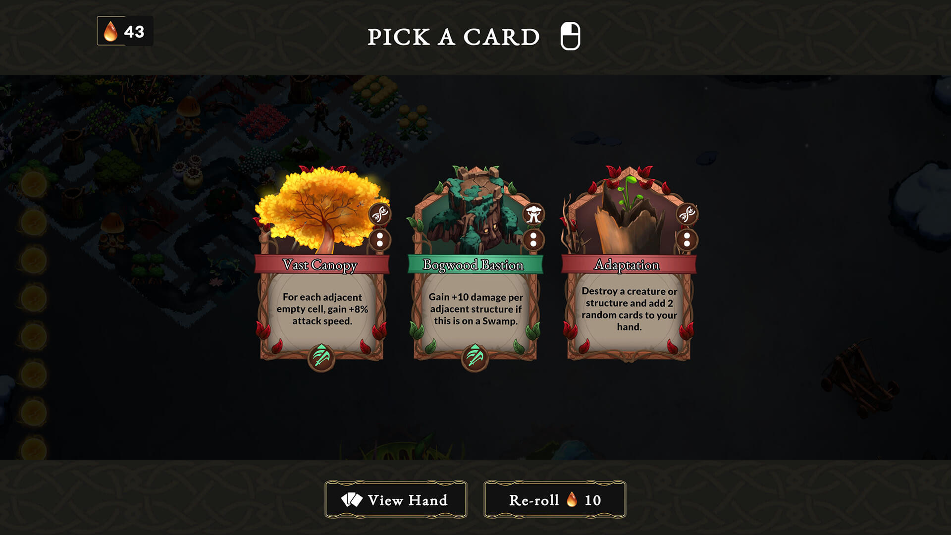 Game screen showing three cards: Vast Canopy, Bogwood Bastion, and Adaptation with descriptions and a pick option.