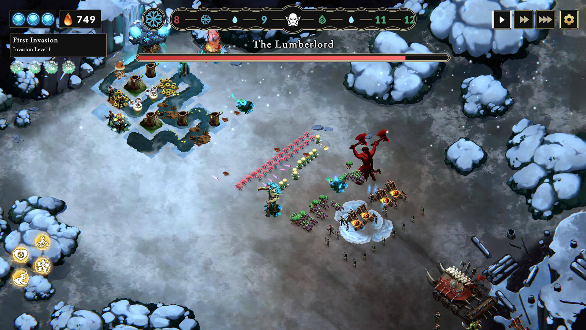 Snowy battlefield a strategy game (Oaks vs Orcs) with units lined up and structures on the left and right edges.