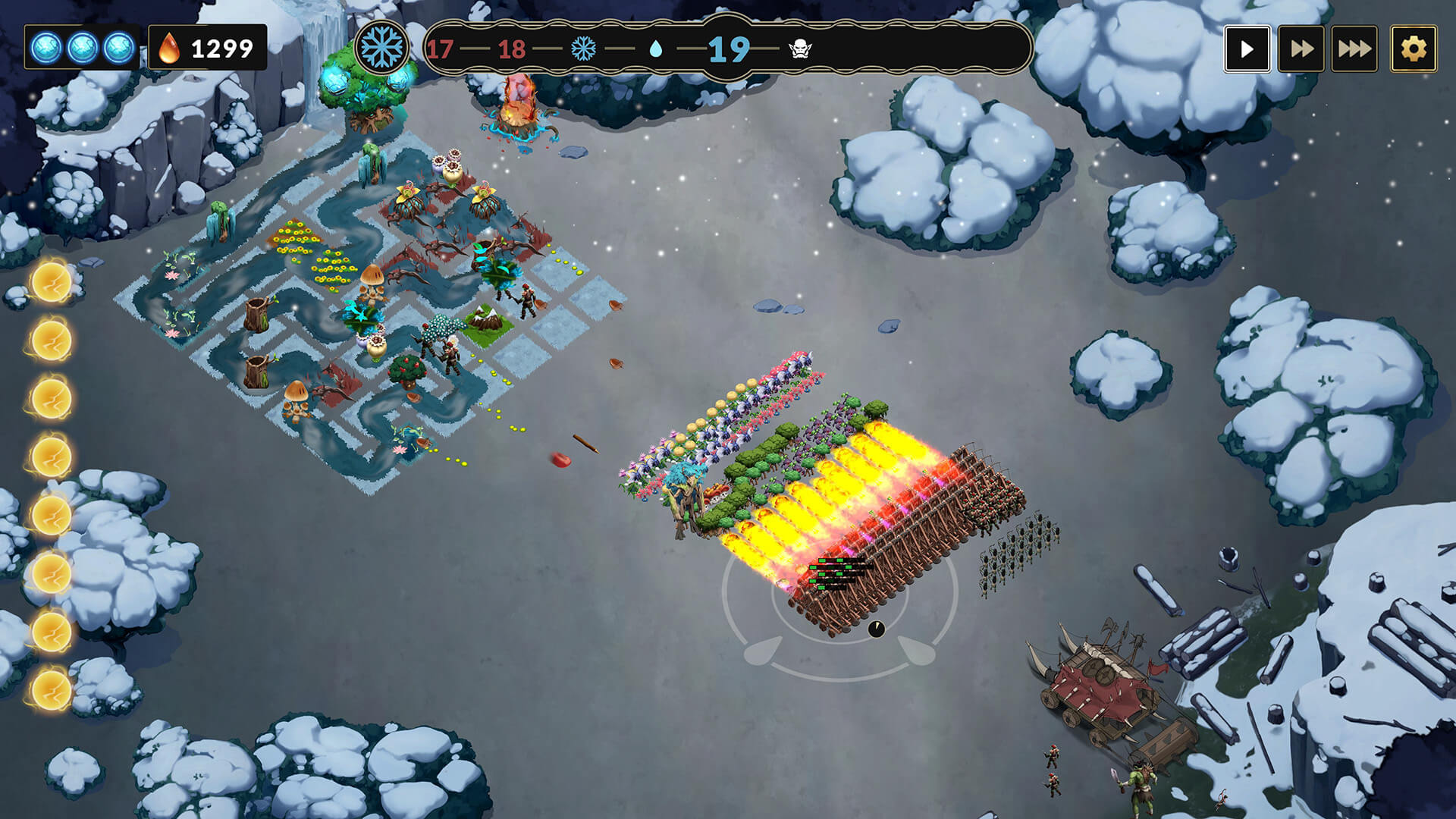 Snowy battlefield a strategy game (Oaks vs Orcs) with units lined up and structures on the left and right edges.