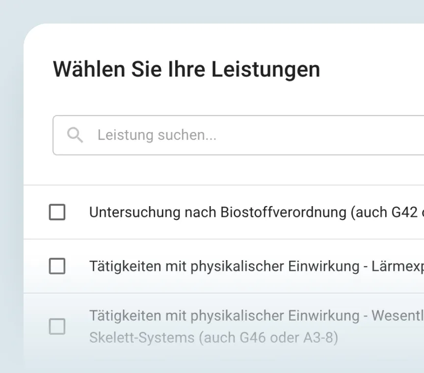 Auswahlmenü mit Checkboxen für medizinische Untersuchungen.
