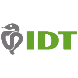 IDT company logo with stylized snake and staff symbol next to green letters IDT.