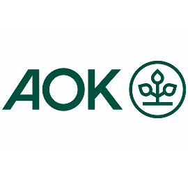 AOK logo featuring green uppercase letters and a circular emblem with a stylized plant symbol.