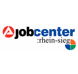 Jobcenter Rhein-Sieg logo with a red stylized 'A' inside a circle and a colorful segmented circle on the bottom right.