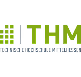 Logo of THM Technische Hochschule Mittelhessen with green pixelated square design and text.