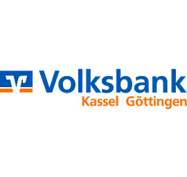 Volksbank Kassel Göttingen logo with blue and orange text and a white symbol on a blue and orange background square.