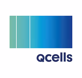 Qcells logo with four vertical gradient bars in shades of blue and green.