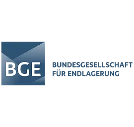 Logo with white letters 'BGE' inside a blue geometric shape next to the text 'BUNDESGESELLSCHAFT FÜR ENDLAGERUNG' in dark blue.