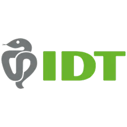 IDT-Logo mit stilisierter Schlange um einen Stab in Grau und den Buchstaben IDT in Grün.