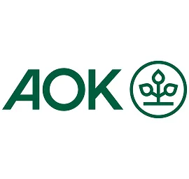 AOK-Logo in Grün mit Schriftzug links und kreisrundem Symbol einer stilisierten Pflanze rechts