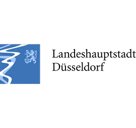 Blaues Logo mit weißer geschwungener Linie links und stilisierter weißer Figur mit Regenschirm rechts