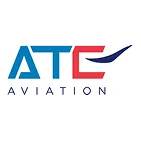 ATC Aviation Logo in blau und rot mit stilisiertem Flugzeugsymbol und Schriftzug AV I A T I O N darunter