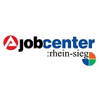 Jobcenter Rhein-Sieg Logo mit stilisiertem rotem Symbol links und buntem Kreis rechts auf weißem Hintergrund