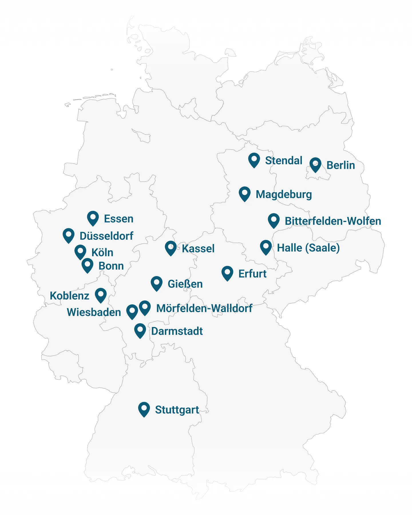 Karte von Deutschland mit markierten Städten: Berlin, Stendal, Magdeburg, Halle, Bitterfeld, Erfurt, Kassel, Gießen, Darmstadt, Mörfelden-Walldorf, Wiesbaden, Koblenz, Bonn, Köln, Düsseldorf, Essen, Stuttgart