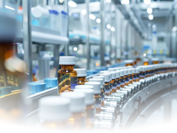 Flaschen mit Medikamenten auf Förderband in moderner Pharmafabrik, Fokus auf vorderen bernsteinfarbenen Fläschchen mit weißen Verschlüssen