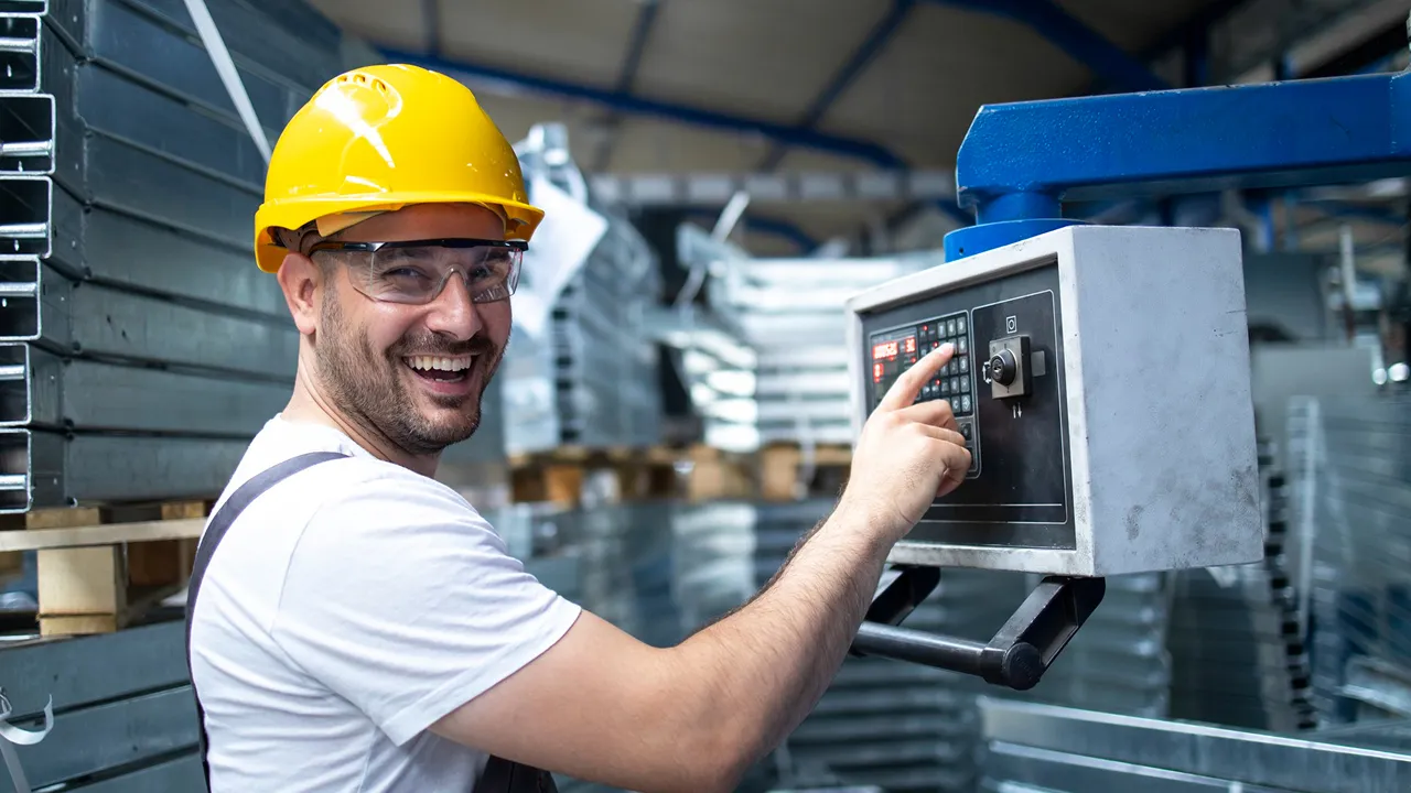 Lächender Werker mit Schutzhelm und Schutzbrille bedient Bedienfeld einer Metallverarbeitungsmaschine in Halle