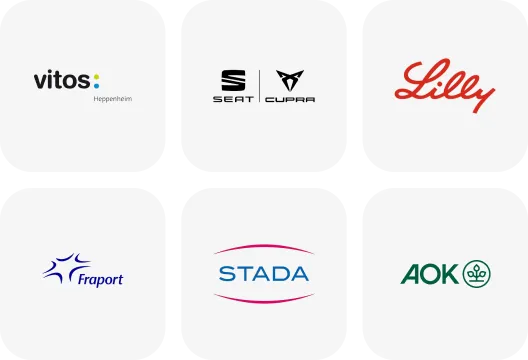 Sechs Firmenlogos (vitos, SEAT/CUPRA, Lilly, Fraport, STADA, AOK) angeordnet in einem 3x2 Raster auf weißem Hintergrund