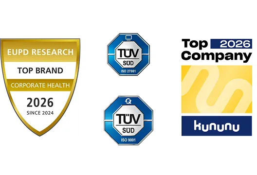 Auszeichnungen: EUPD Research Top Brand Corporate Health 2026, TÜV SÜD ISO 27001 & ISO 9001 Siegel, Kununu Top Company 2026