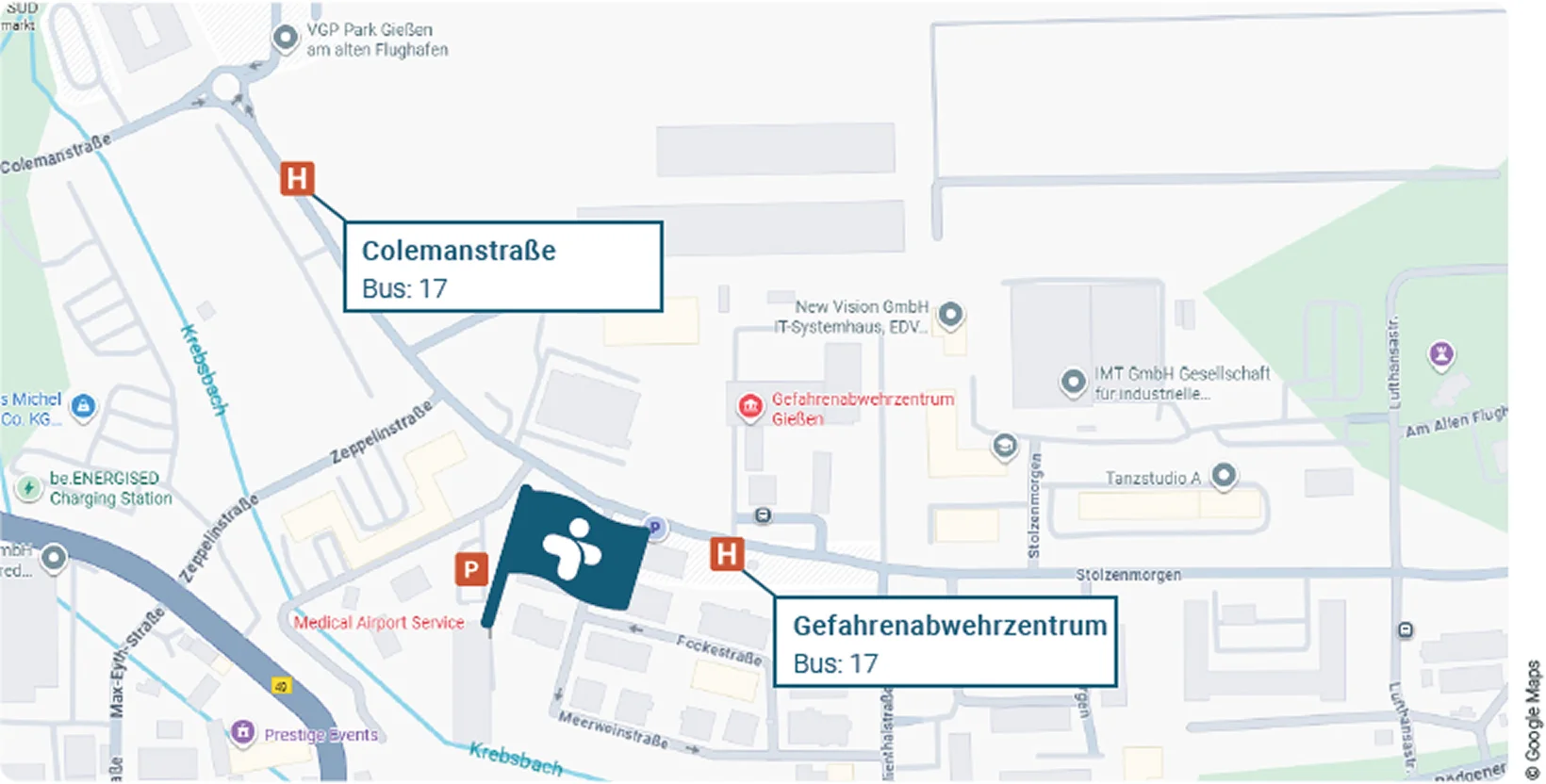 Anfahrtskarte zum Standort Gießen, Stolzenmorgen 18