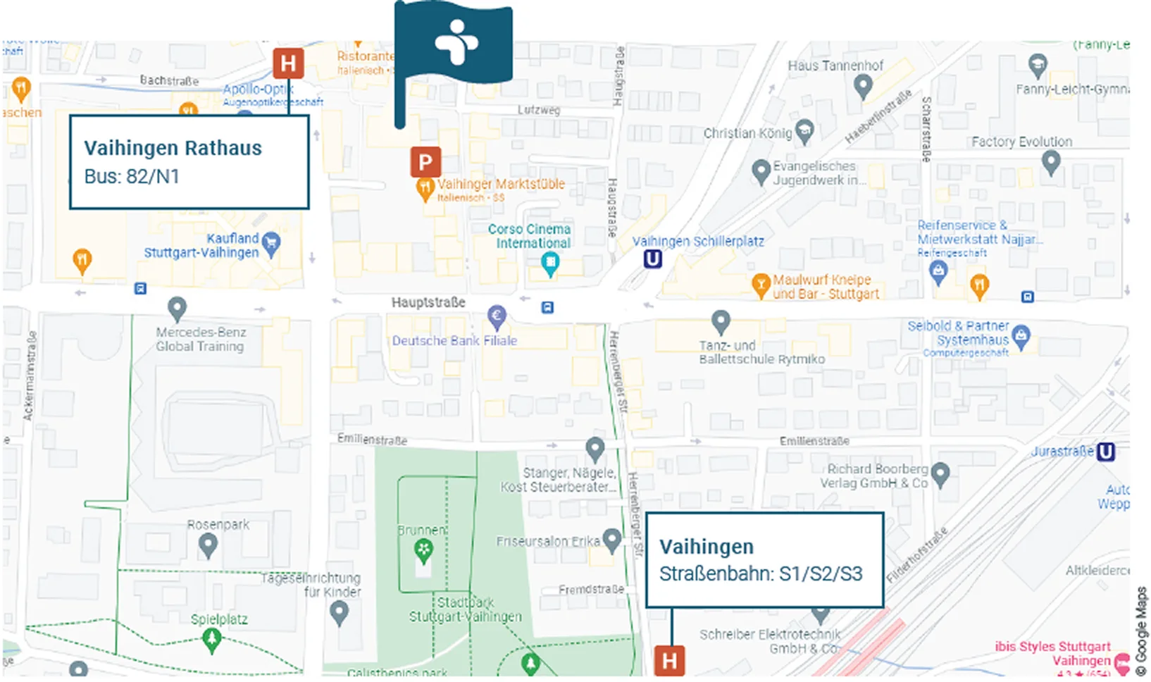 Anfahrtskarte zum Standort Stuttgart, Vaihinger Markt 14