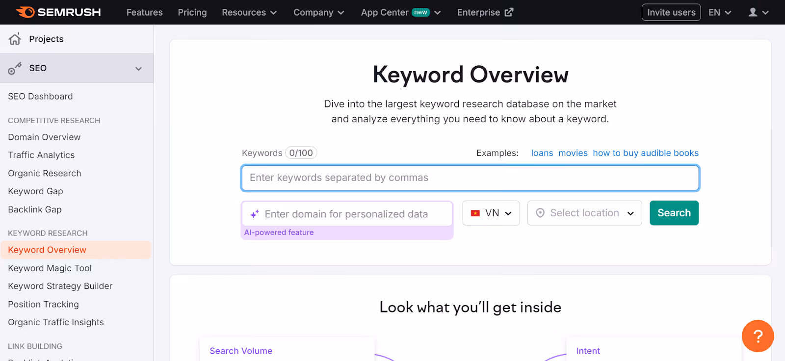 Giao diện nghiên cứu từ khóa tại SEMrush - google keyword planner