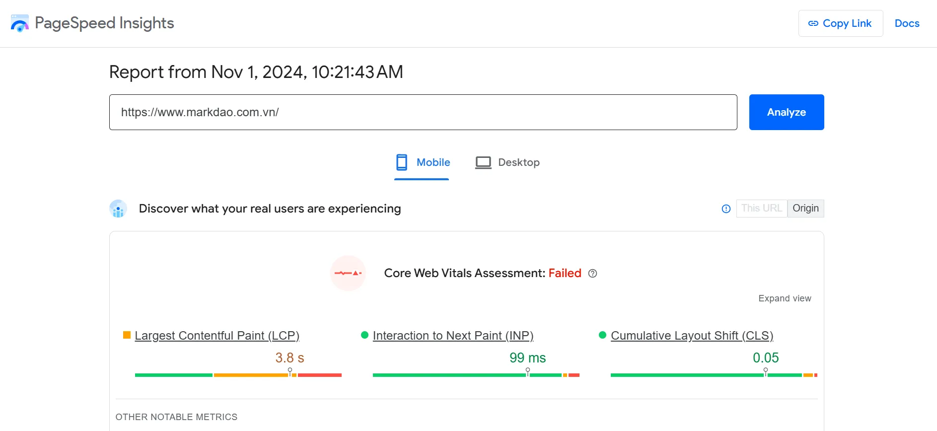 Check các chỉ số tốc độ tải trang trên Page Speed Insight