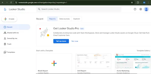 Giao diện bắt đầu của Google Data Studio