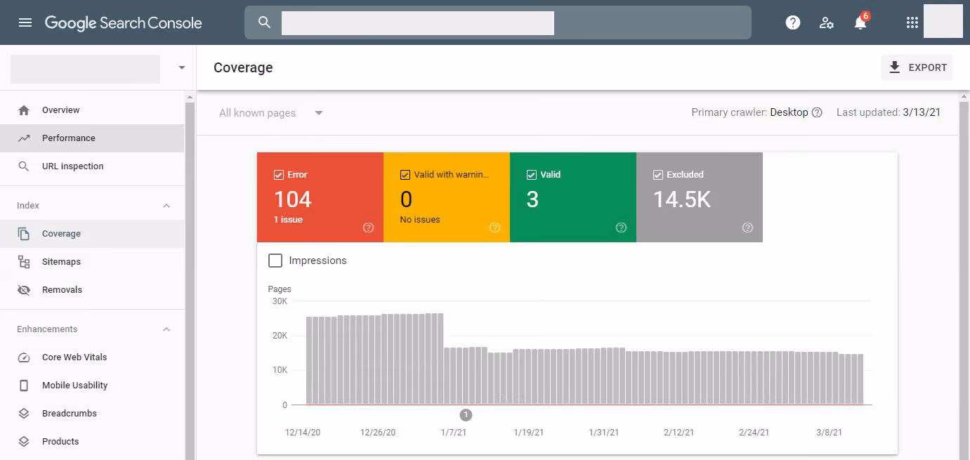 Indexing & Coverage giúp bạn kiểm tra trạng thái lập chỉ mục của website trên Google