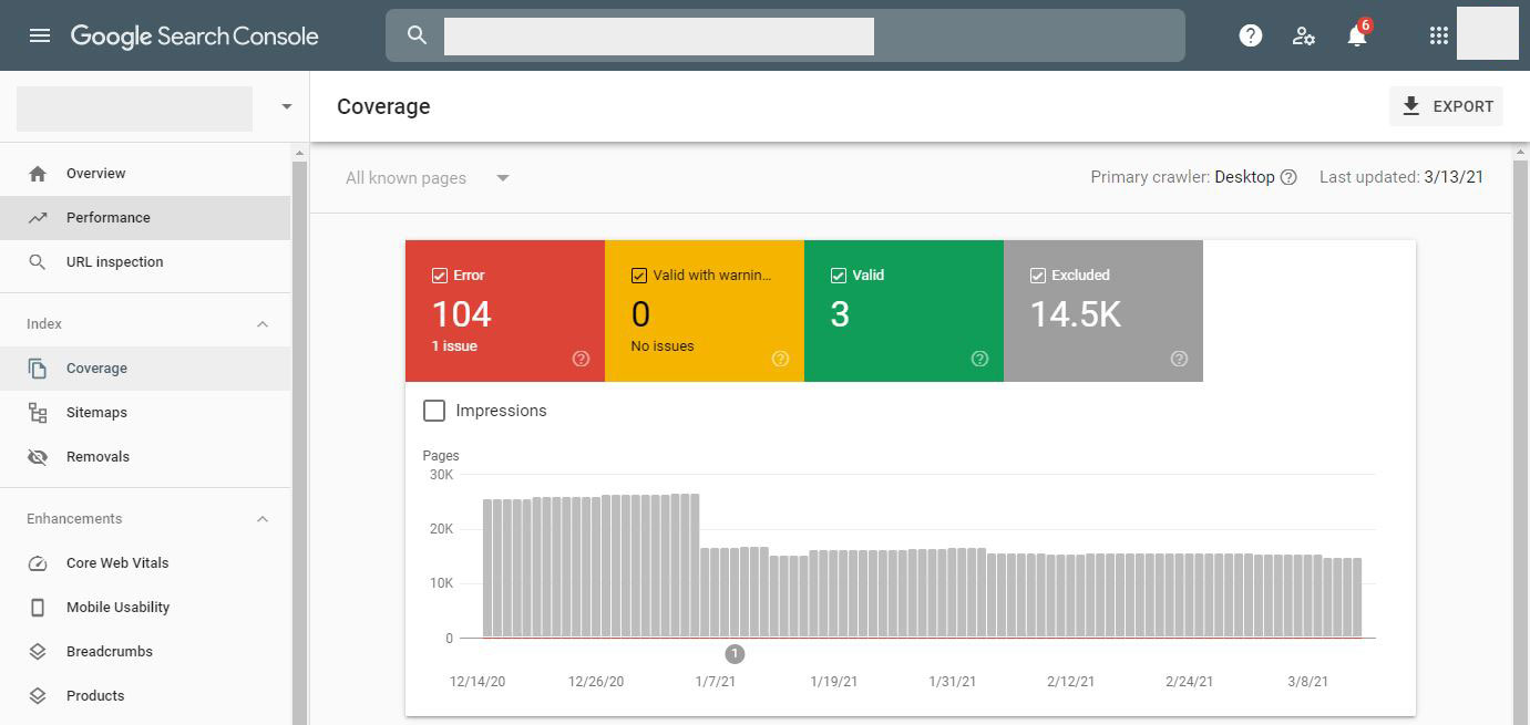 Indexing & Coverage giúp bạn kiểm tra trạng thái lập chỉ mục của website trên Google
