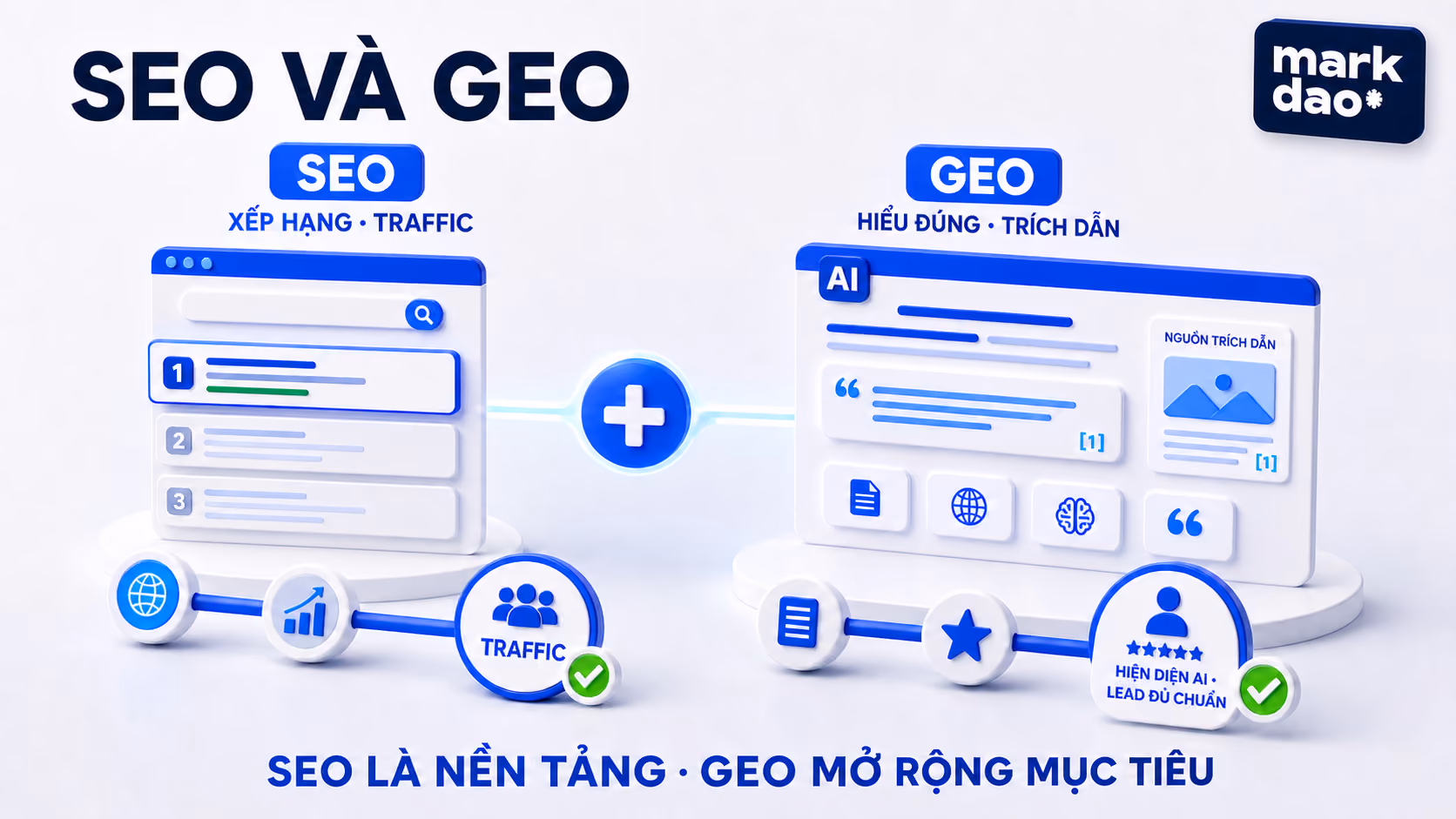 SEO là nền tảng khả năng được tìm thấy; GEO mở rộng mục tiêu sang khả năng được hiểu và dẫn nguồn.