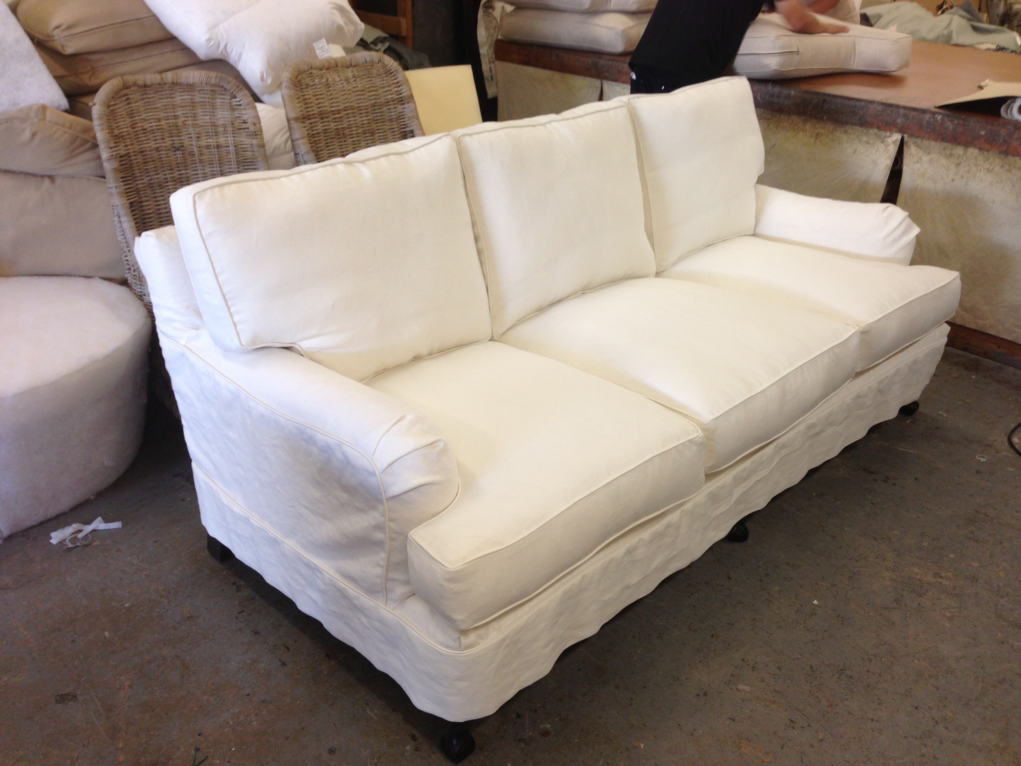 Sofa before custom slipcover by Manilla Upholstery