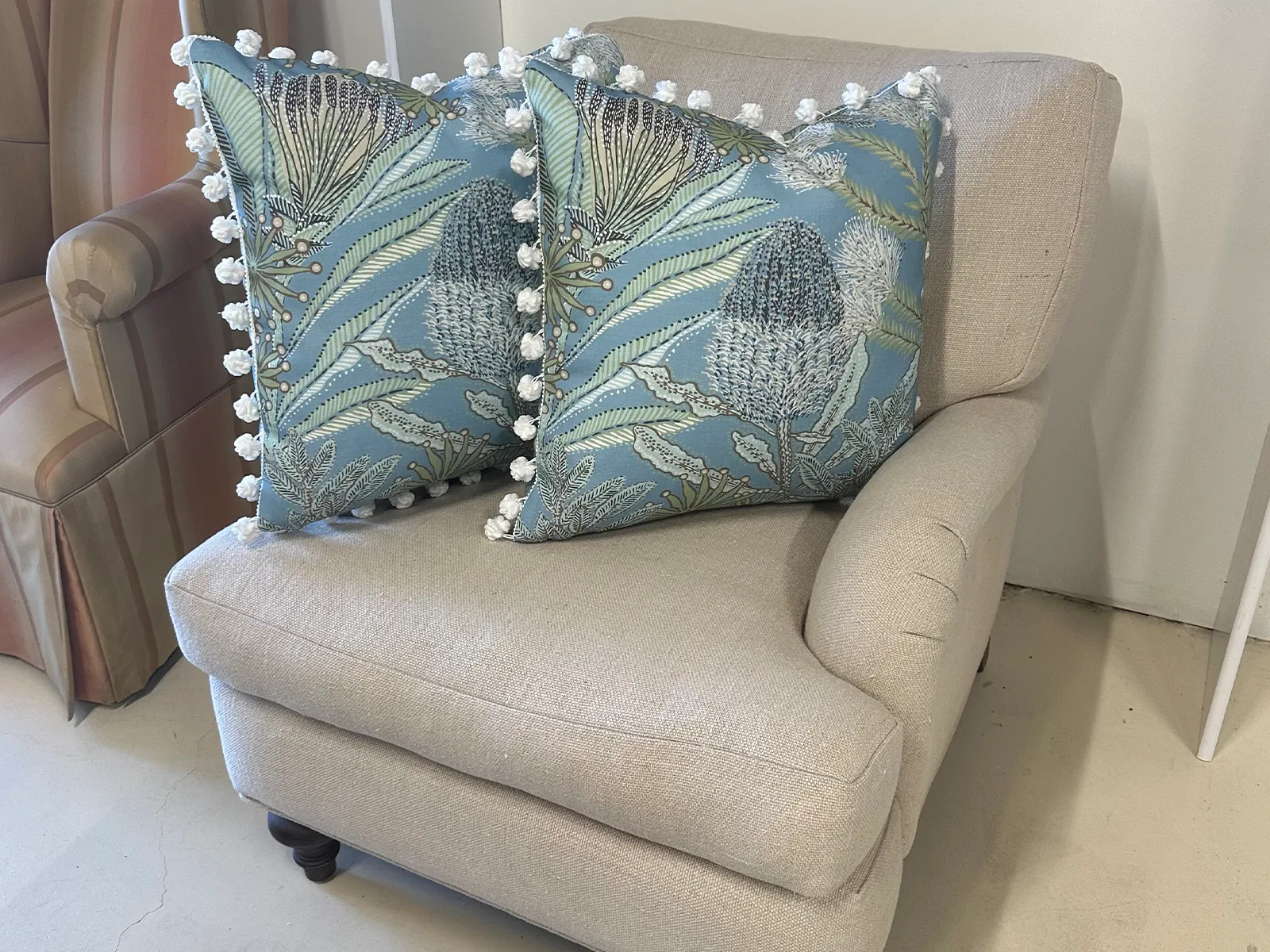 Custom throw pillows by Manilla Upholstery