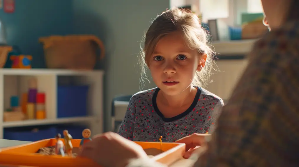 A young girl with brown hair and a blue shirt.