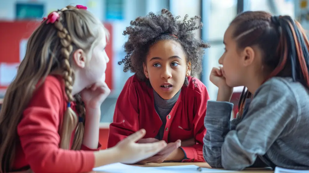 A young girl with a ponytail and a red shirt is talking to two other girls.