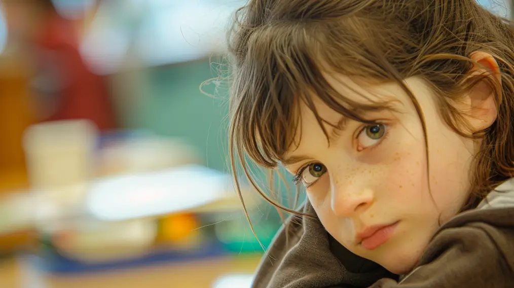 A young girl with red hair and freckles looking at the camera.