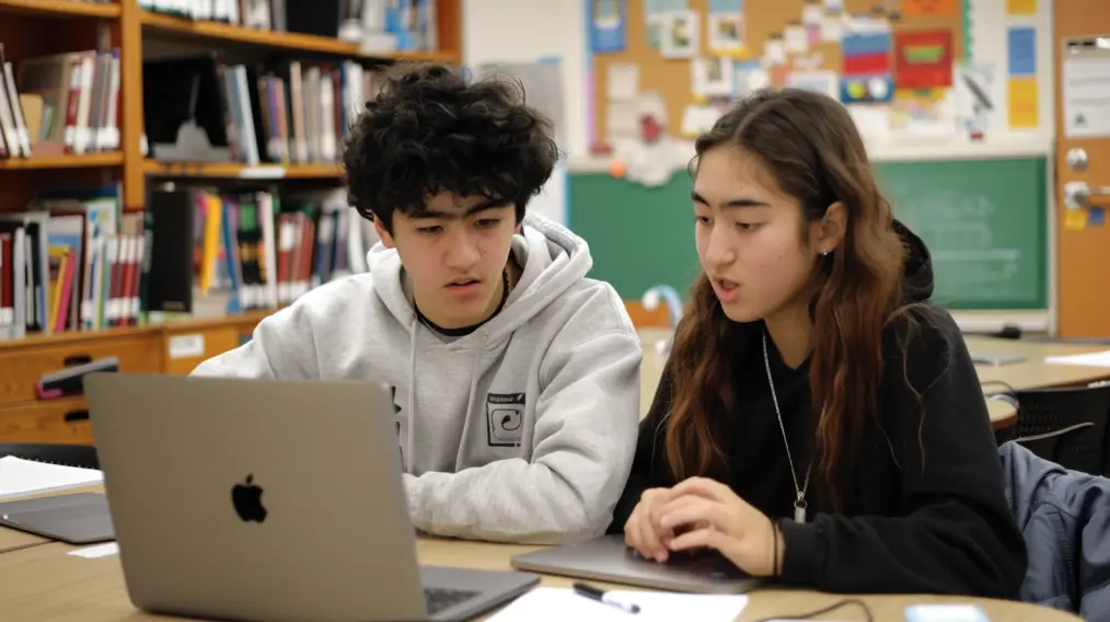 Two people sitting at a table with a laptop and a pen.