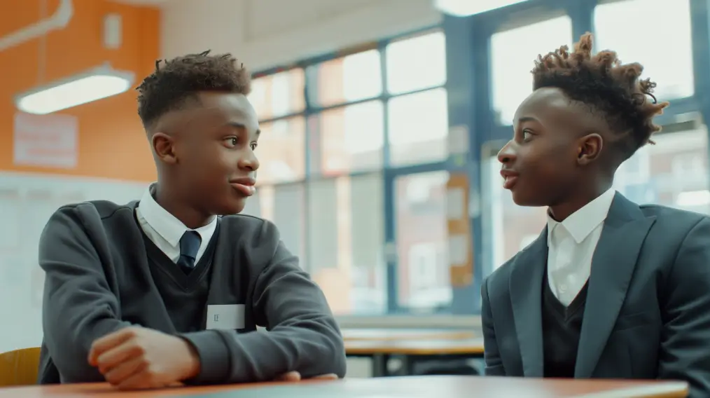 Two boys wearing ties sit at a table.