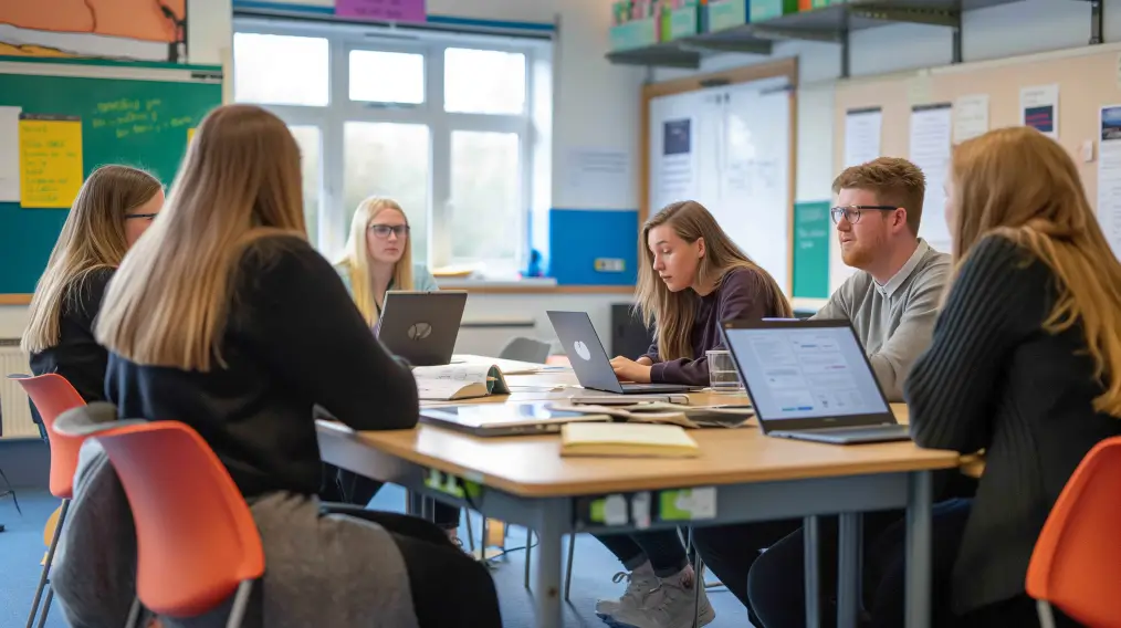 A group of people sitting at a table with laptops.