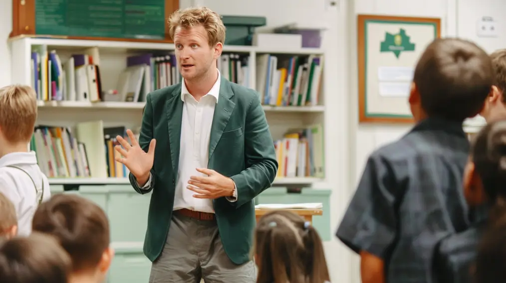 A man wearing a green jacket and khaki pants is talking to a group of people.