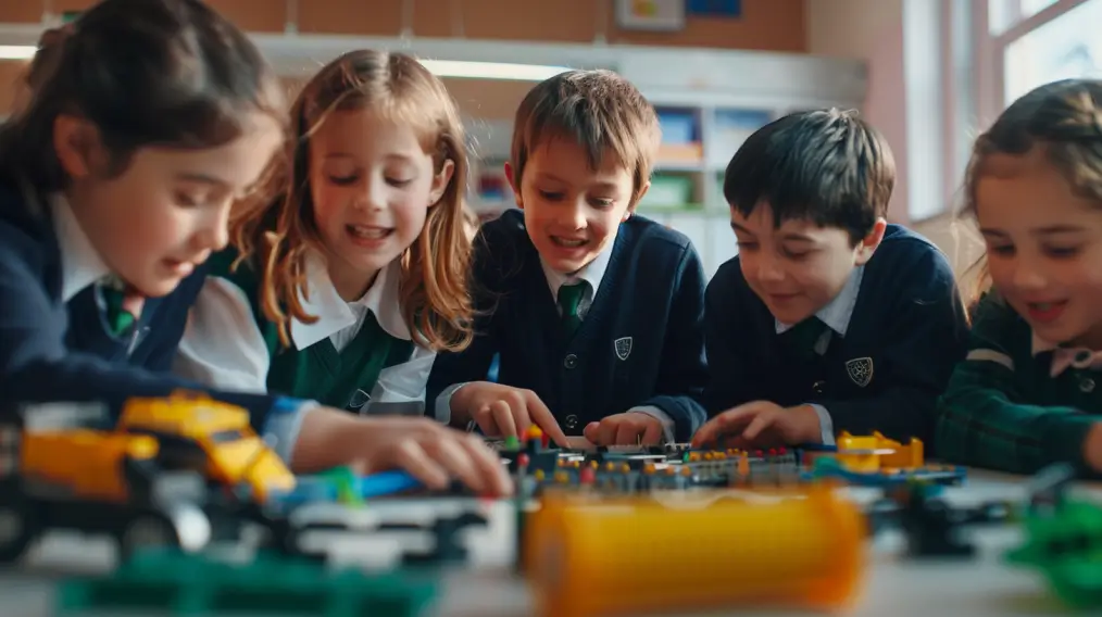 A group of children are playing with a toy car.