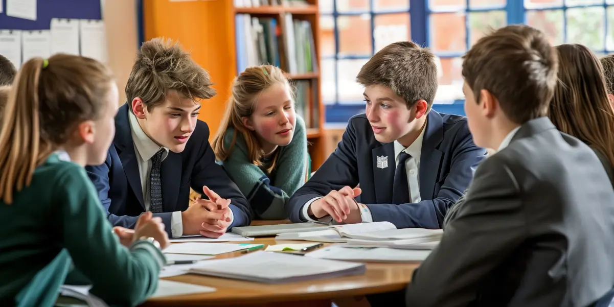 A group of people sitting around a table with books and papers.