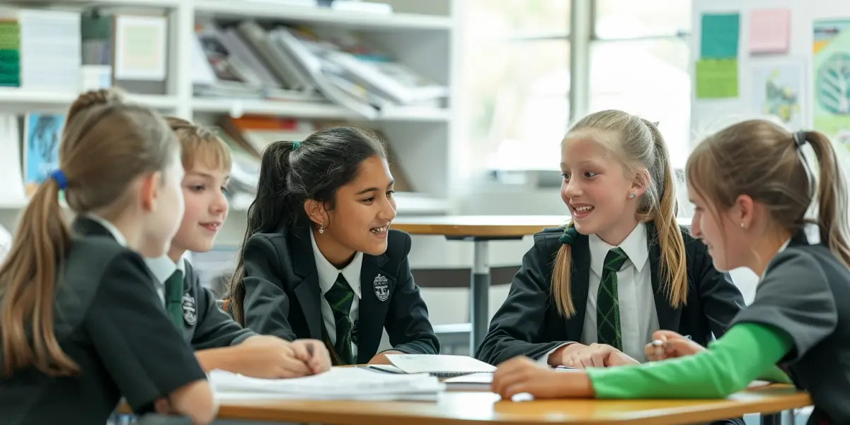 A group of girls sitting at a table with books and papers in front of them.