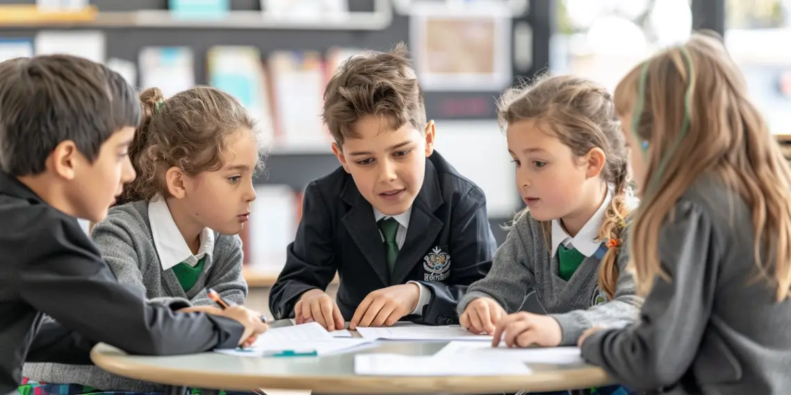 A boy in a suit and tie is sitting at a table with two girls.