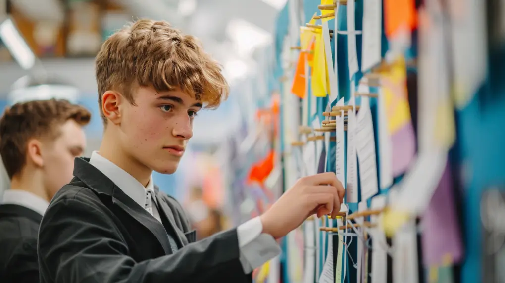 A young man in a suit is looking at a bulletin board.