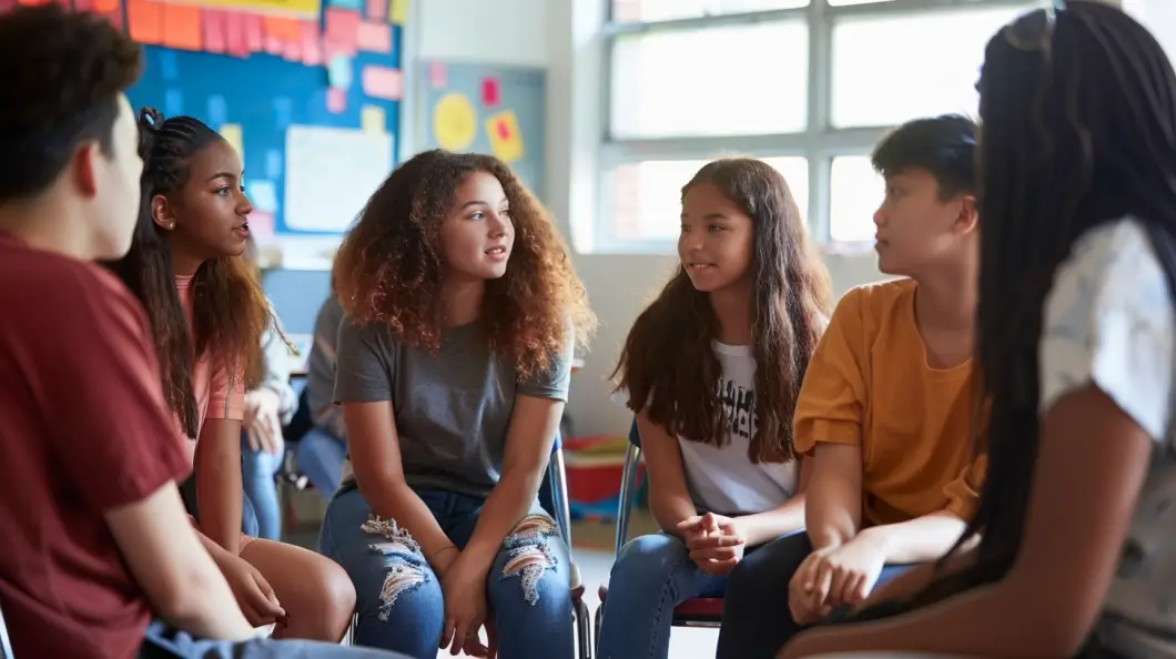 A group of young people sitting in a circle.