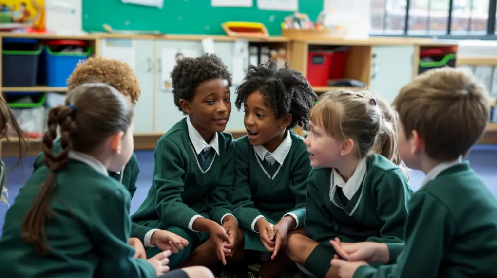 A group of children sitting on the floor talking to each other.