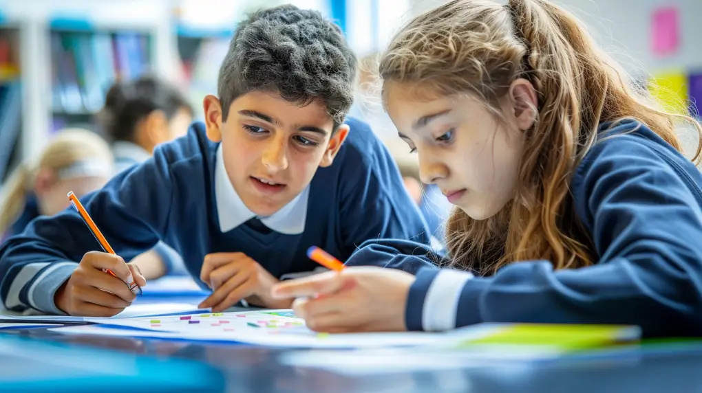 A boy and girl are sitting at a table, drawing and writing.