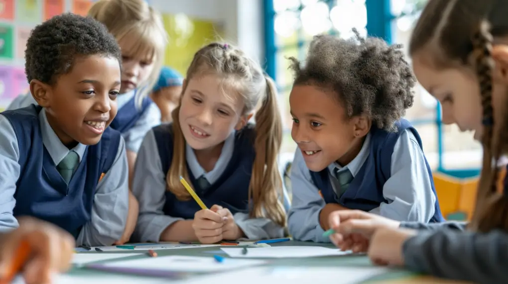 A group of children sitting at a table with a pencil and paper.