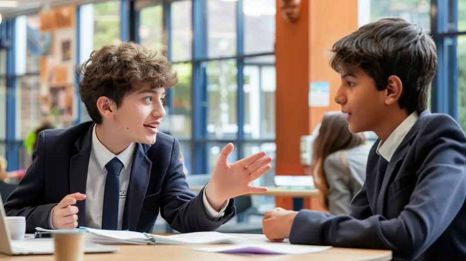 Two boys talking to each other in a classroom.