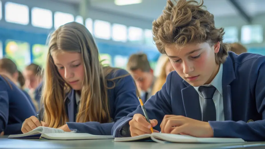 A boy with a pencil in his hand writing in a book.