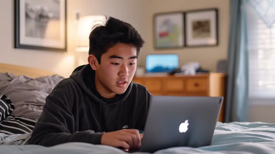 A young man in a black hoodie is using a laptop.